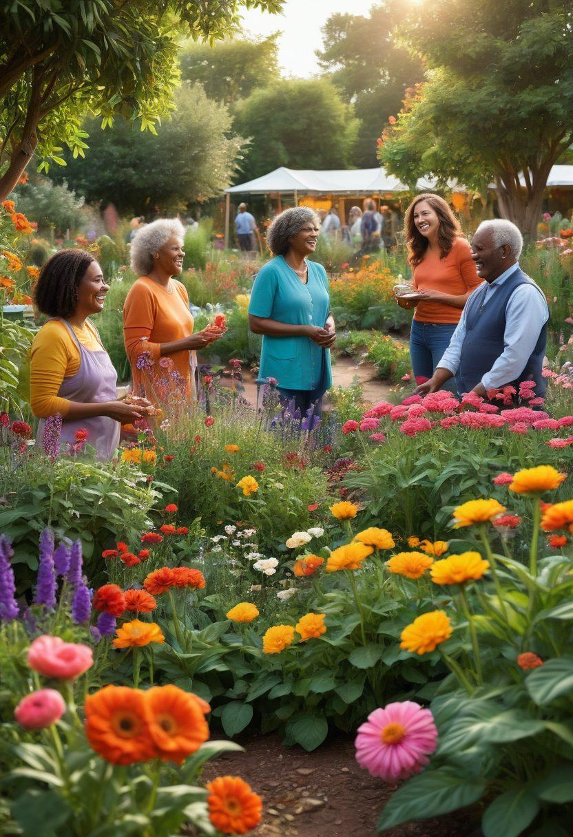 A diverse group of people of various ages and backgrounds gathered in a vibrant community garden, sharing ideas and laughter. Illustrate warm connections with soft, glowing light surrounding them, showing kindness and support in their interactions. Include elements of plants and flowers to symbolize growth and nurturing. super-realistic. vibrant colors. warm tones.