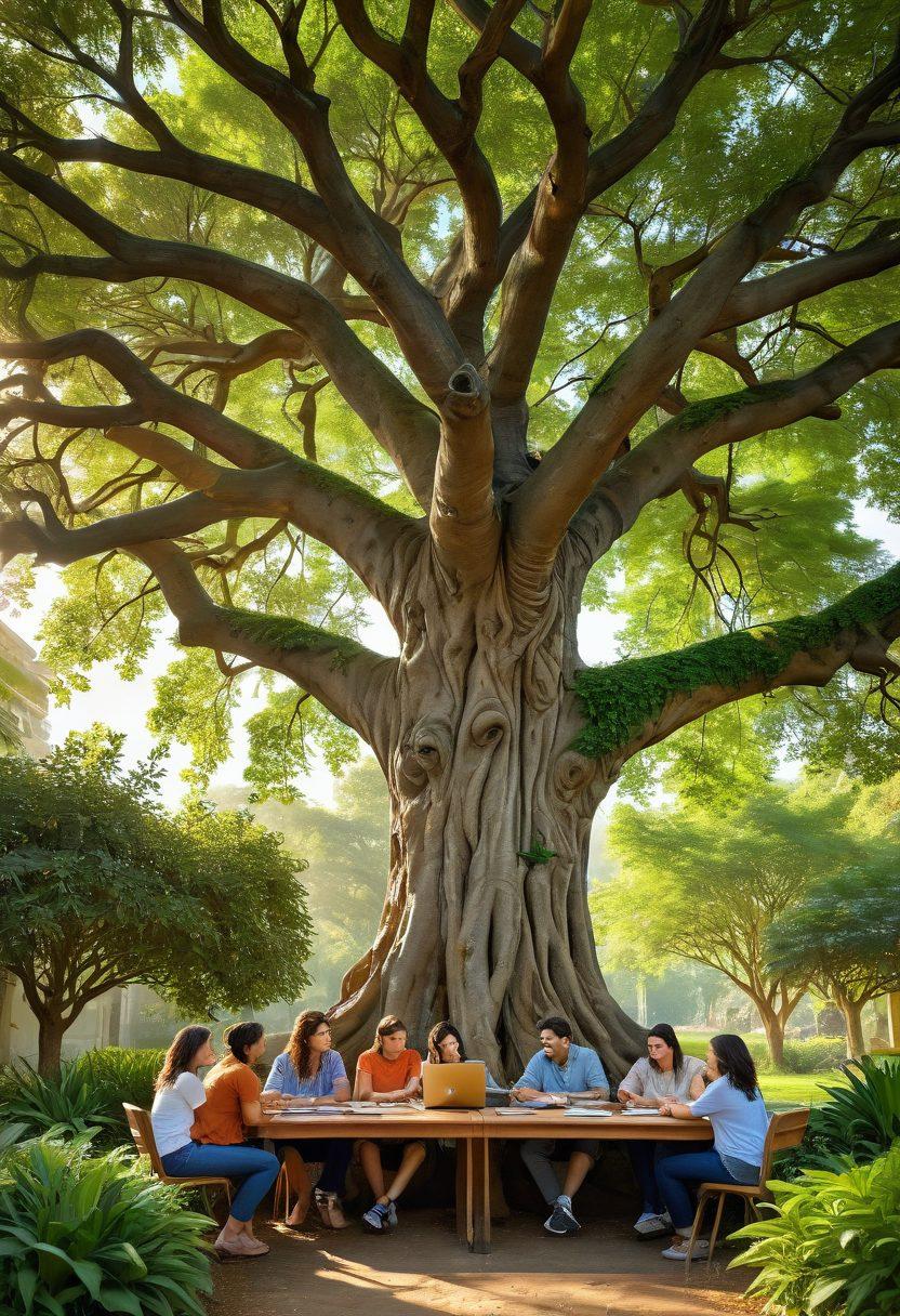A vibrant scene depicting diverse individuals engaged in a collaborative discussion under a large tree symbolizing growth, with roots interweaving to symbolize connections. The background features soft sunlight filtering through leaves, creating a warm and inviting atmosphere. Each person represents different cultures and professions, showcasing unity and allyship. The foreground includes elements like notebooks and plants to signify nurturing and learning. super-realistic. vibrant colors. nature-inspired.