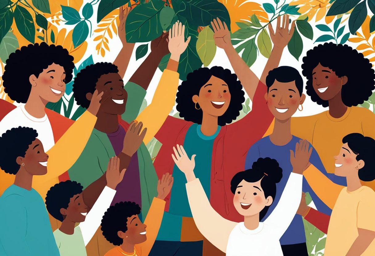 A vibrant illustration of diverse individuals connecting in a supportive manner, surrounded by intertwining vines symbolizing growth and unity. The scene captures warm smiles, engaging conversations, and hands reaching out to one another, set against a bright, uplifting background. Include elements representing different cultures and ages to showcase inclusivity. color-rich, community-focused, layered textures, digital art.